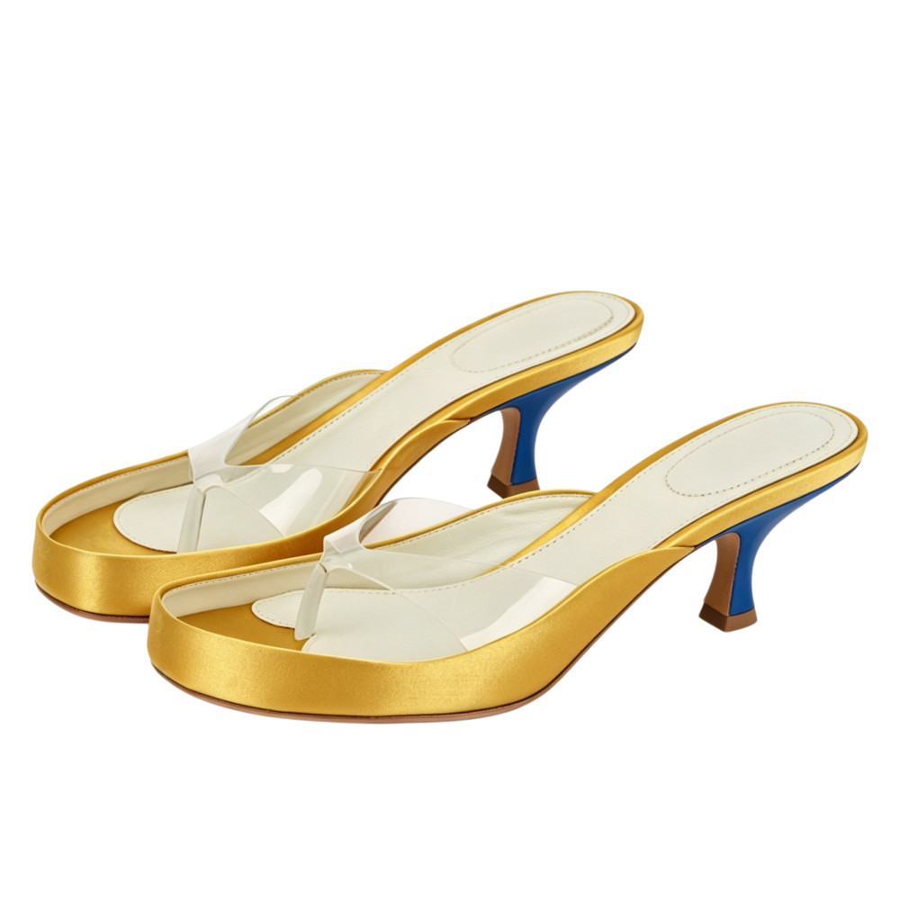 Women Gold Satin Thong Mules C - Clear Strap Heel recensie en prijs